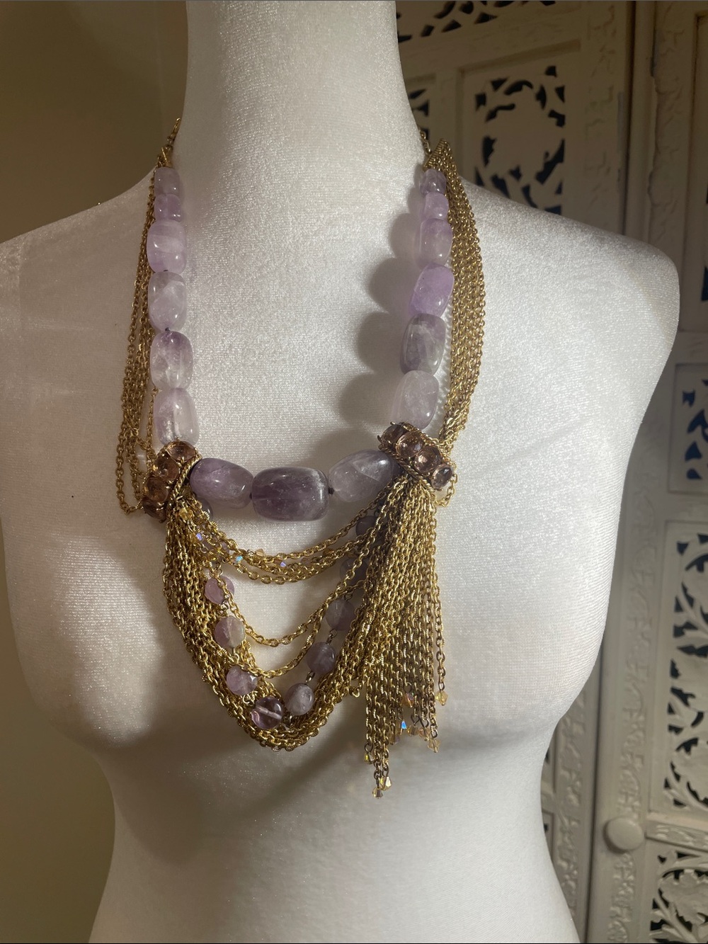 CAROLEE LUX Lavender stone Bead and gold chain Statement Necklace